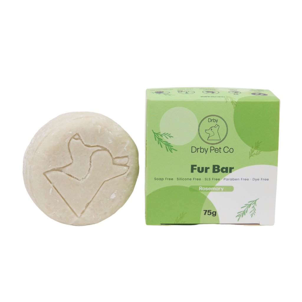 Drby Pet Co Fur Bar three-scent box set back label — directions for use and product description on lavender, rosemary, and unscented boxes stacked on white background