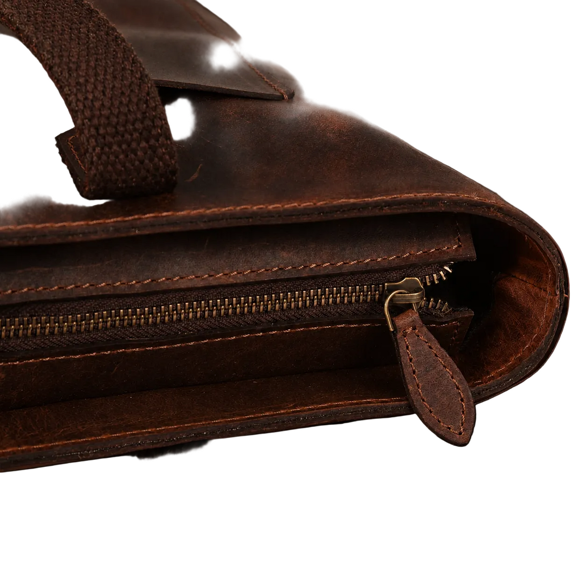 "Close-up of corrosion-free silver antique zipper and clasp hardware on the Classic Brown Leather Tote Bag by NAB Leather"