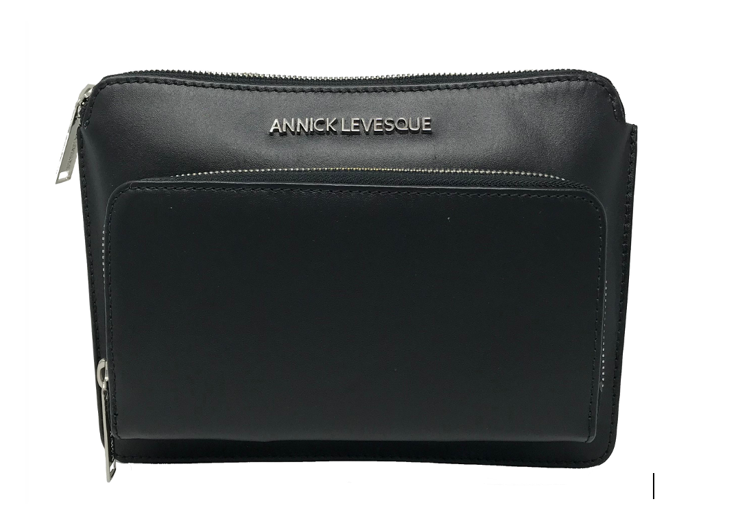 Carmen medium black genuine leather crossbody wallet bag with dual zippers — Annick Levesque