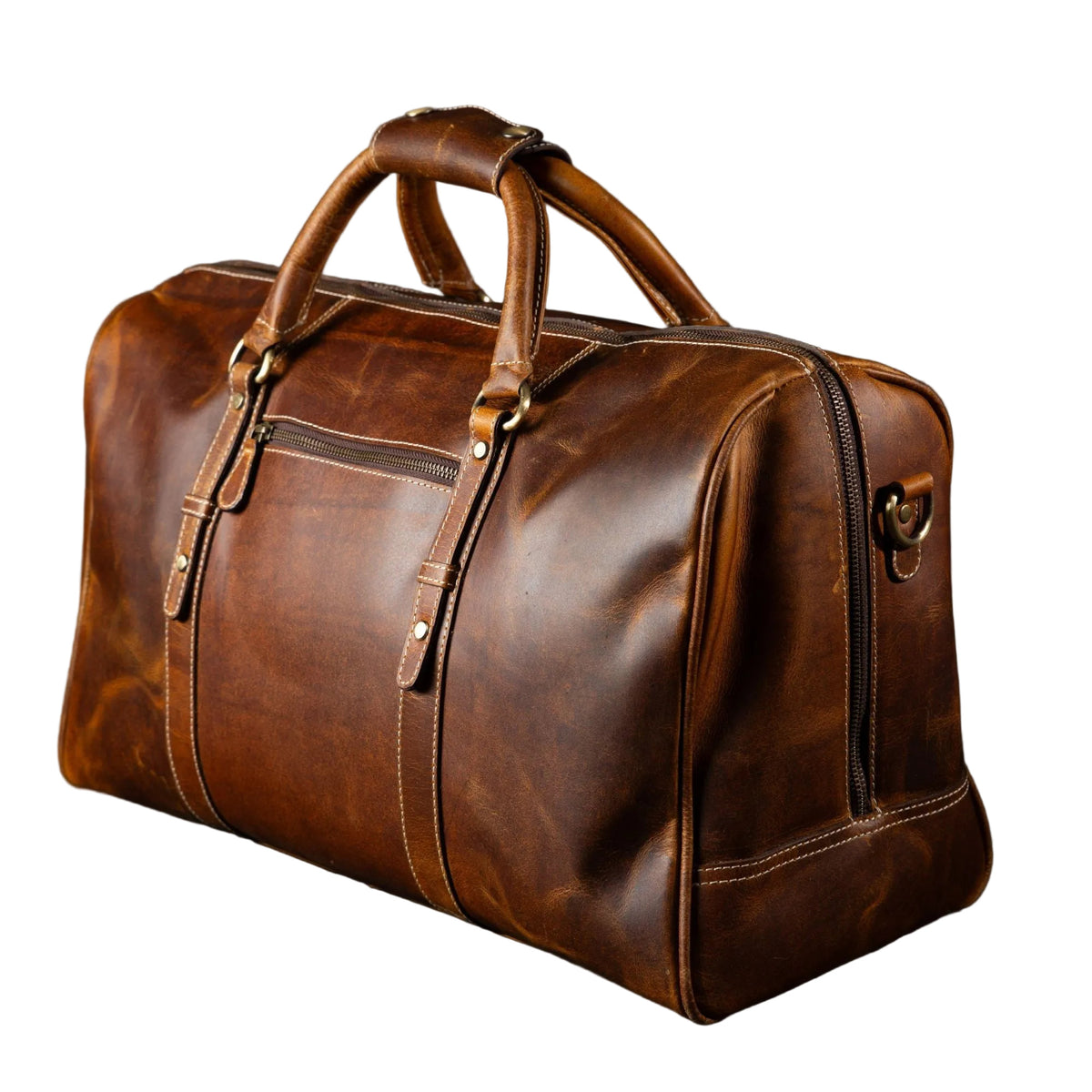"The Wayfarer Bag front view showing zipper closure and brass buckle details — distressed full-grain leather duffle bag handcrafted in Canada by NAB Leather"