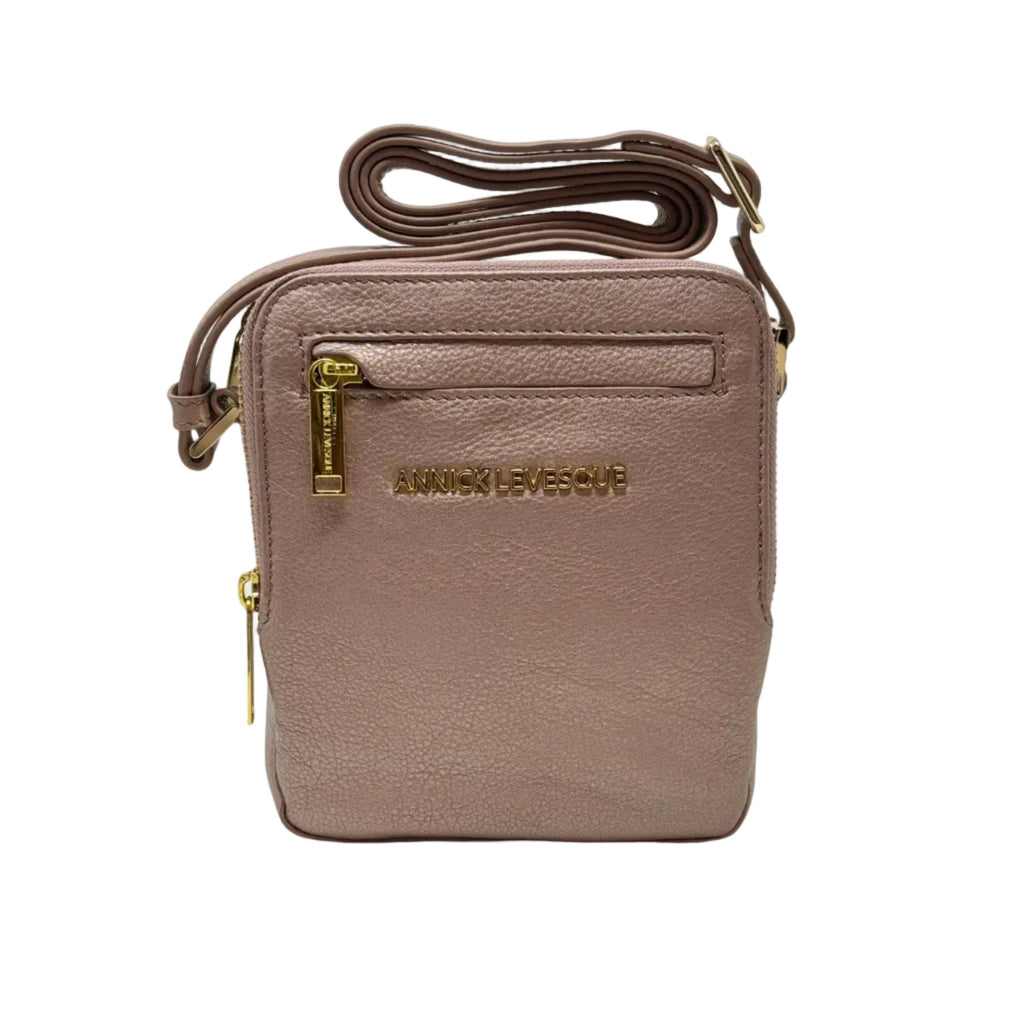 Back view of Nadine platinum rose compact leather crossbody bag — Annick Levesque