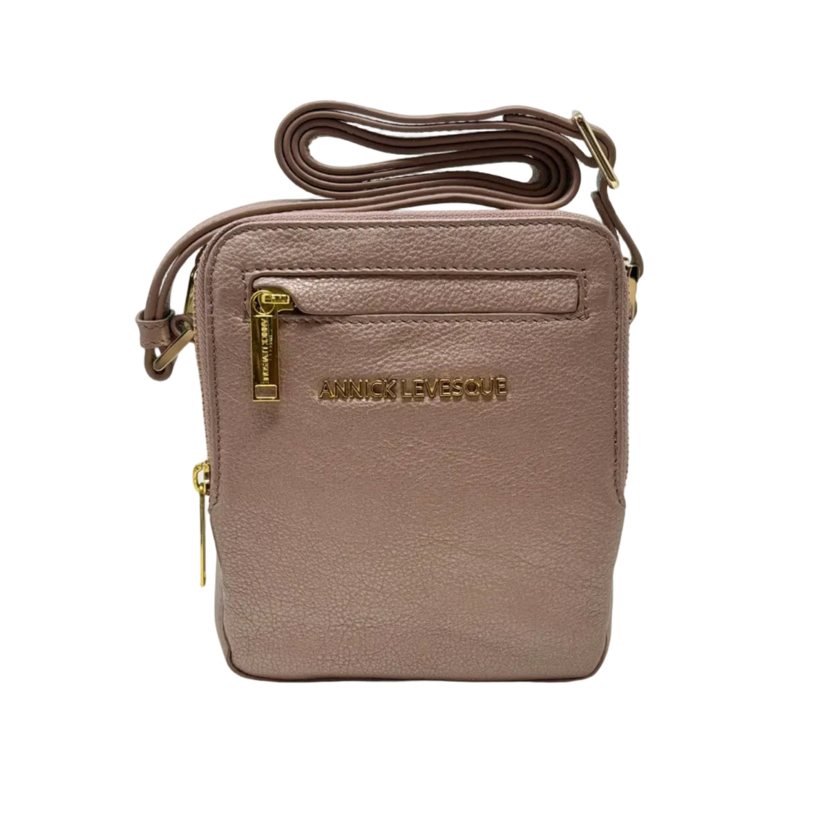 Back view of Nadine platinum rose compact leather crossbody bag — Annick Levesque