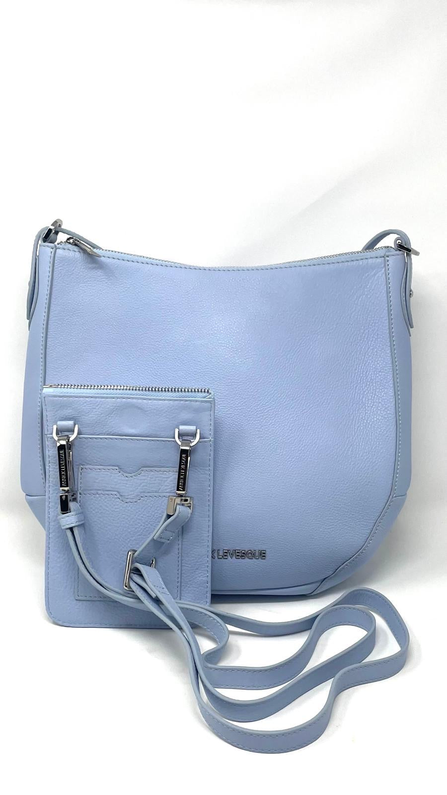 Top view of Isabelle pale blue leather convertible handbag — Annick Levesque