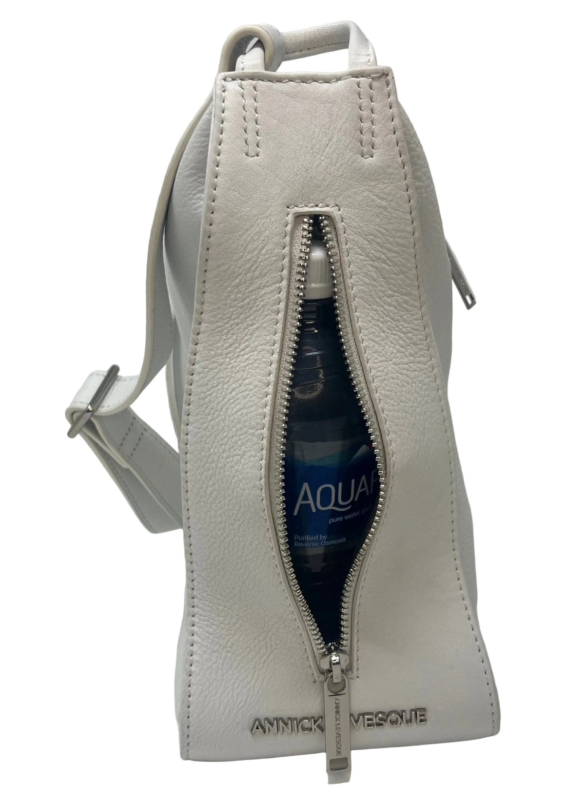 "Interior view of the Julie Soft Crossbody Hobo Bag showing zippered compartments and recycled polyester lining — Annick Levesque"