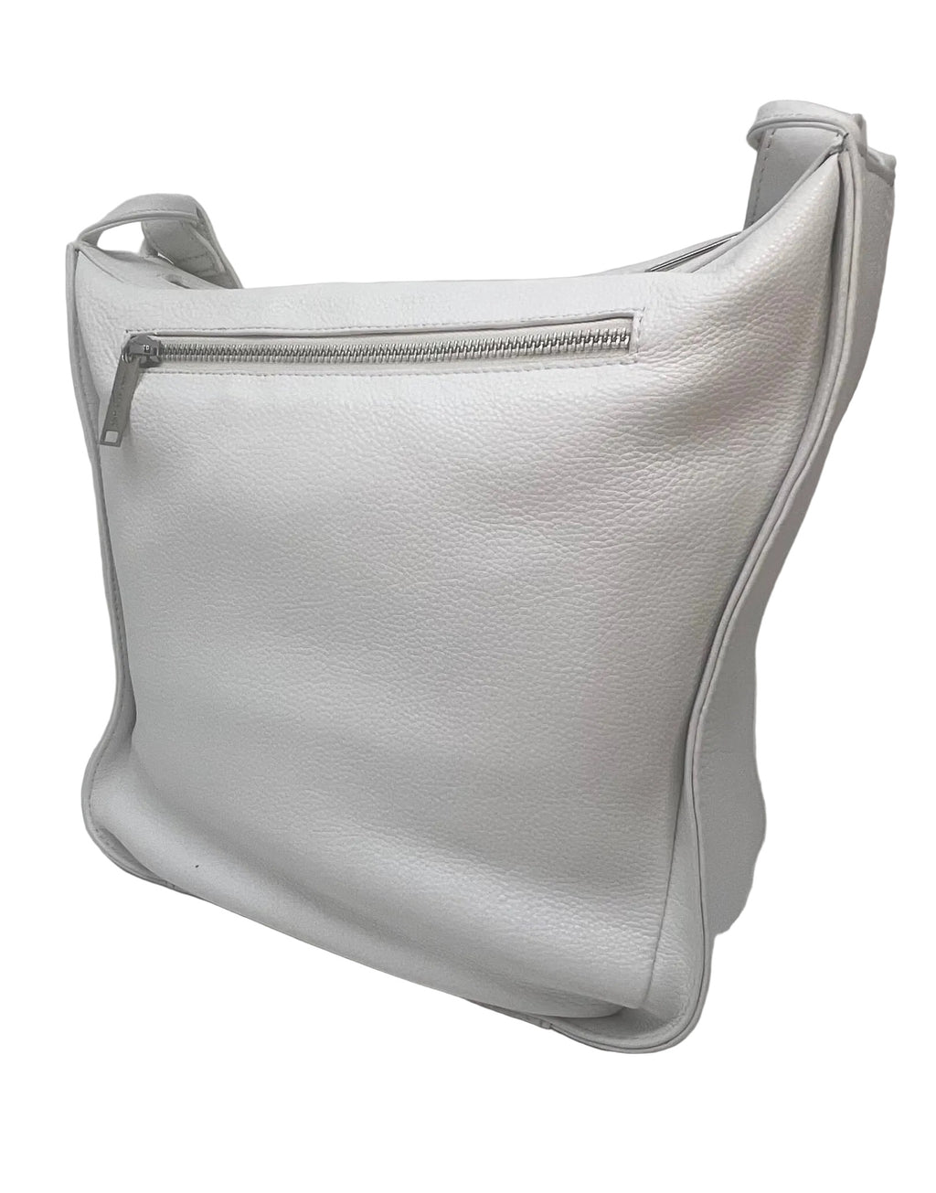 "Side view of the Julie Soft Crossbody Hobo Bag in white showing side water bottle pocket — full-grain leather crossbody by Annick Levesque"