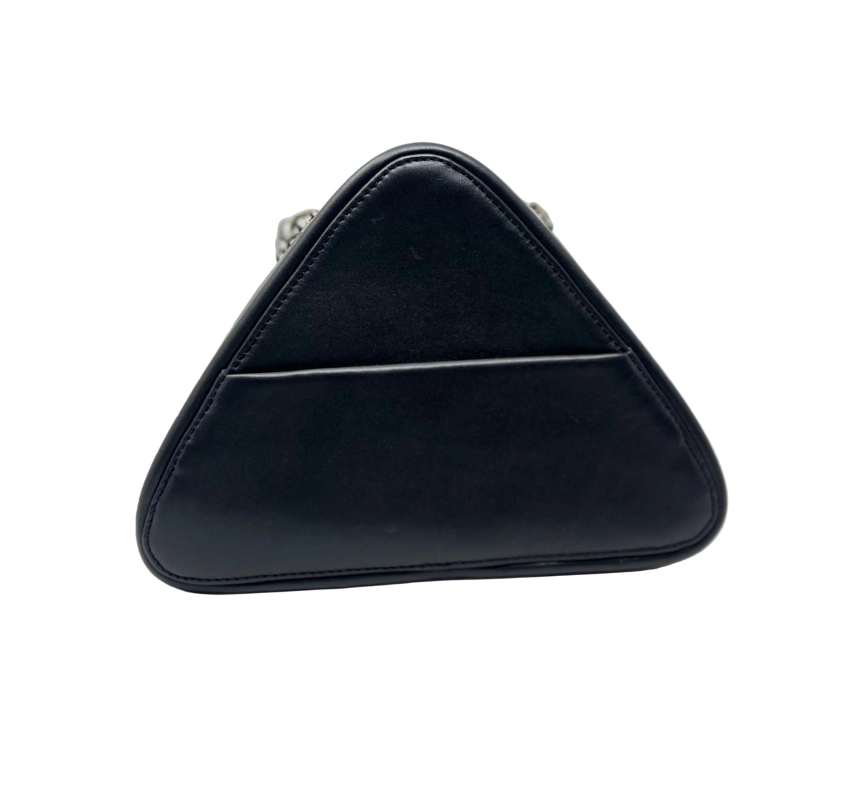 Back view of the Kiana triangular black leather evening bag, showing the integrated exterior phone pocket with subtle silver chain links peeking over the top.