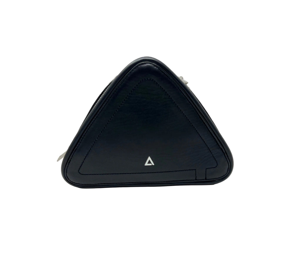 Front view of the Kiana triangular black leather clutch purse without straps, showcasing its clean architectural silhouette and the silver triangle logo against a white background.