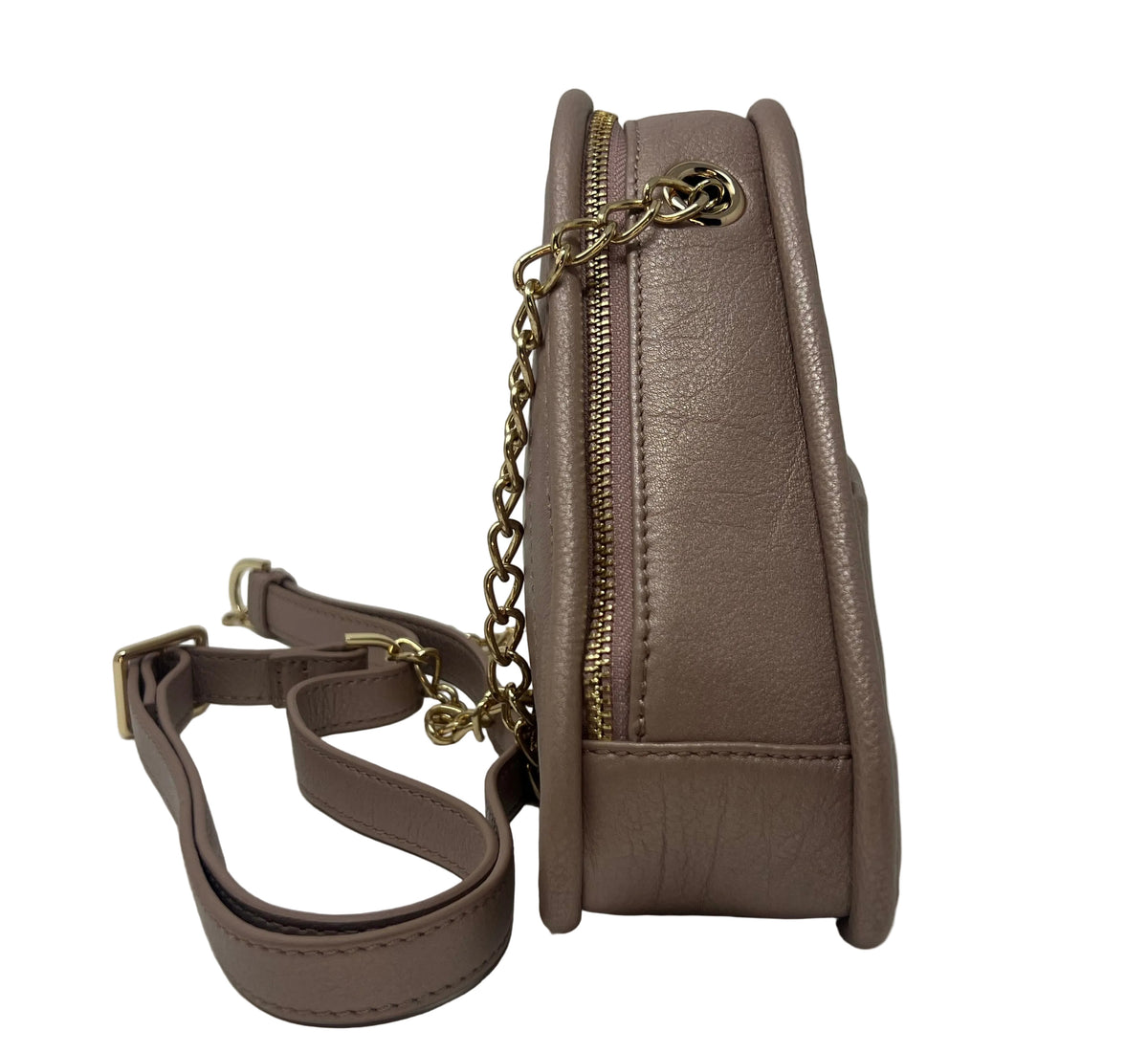 Side profile view of the Kiana triangular platinum pink leather evening bag, showing its structural depth, gold zipper tracks, gold chain hardware, and matching pink leather shoulder strap.