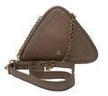 Front view of the Annick Levesque Kiana triangular platinum pink leather evening bag with a gold chain strap, a small gold triangle logo on the front, and a matching platinum pink leather shoulder strap lying in front against a white background.