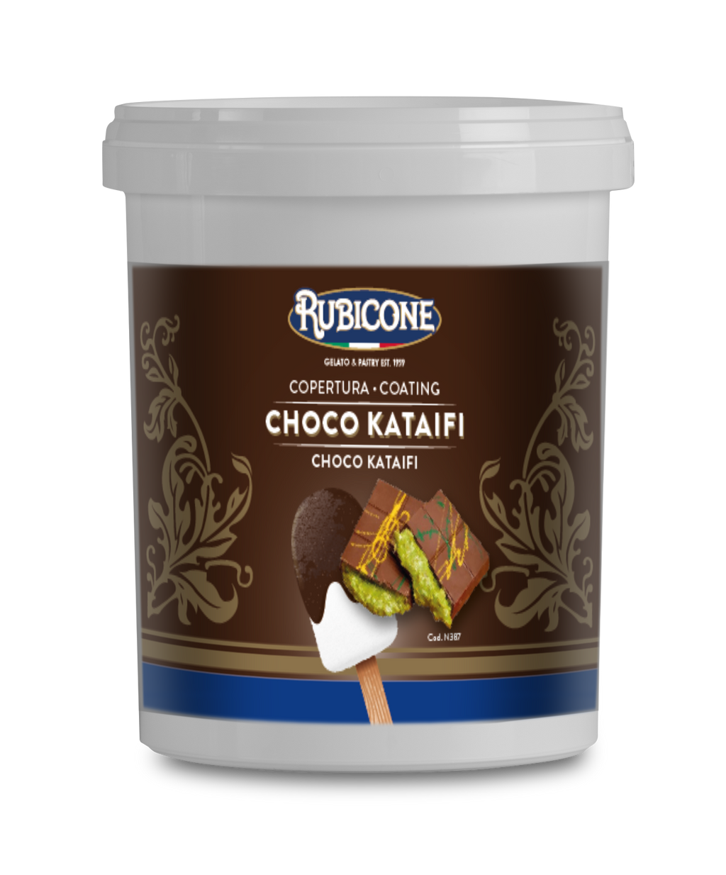 Choco Kataifi (Dubai Chocolate) Dark Chocolate Cone Dip Coating - 1.5 KG Bucket - Rubicone Canada - Made in Italy - Ships Free Within Canada on Orders Above CAD $199