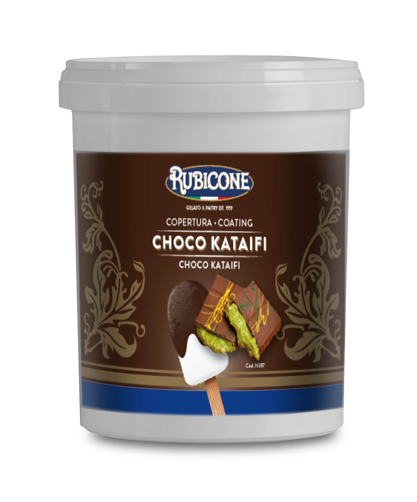 Choco Kataifi (Dubai Chocolate) Dark Chocolate Cone Dip Coating - 1.5 KG Bucket - Rubicone Canada - Made in Italy - Ships Free Within Canada on Orders Above CAD $199