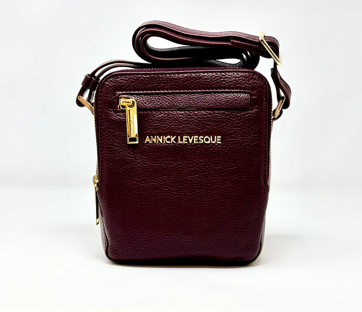 Front view of Nadine aubergine leather crossbody bag with gold clasp — Annick Levesque