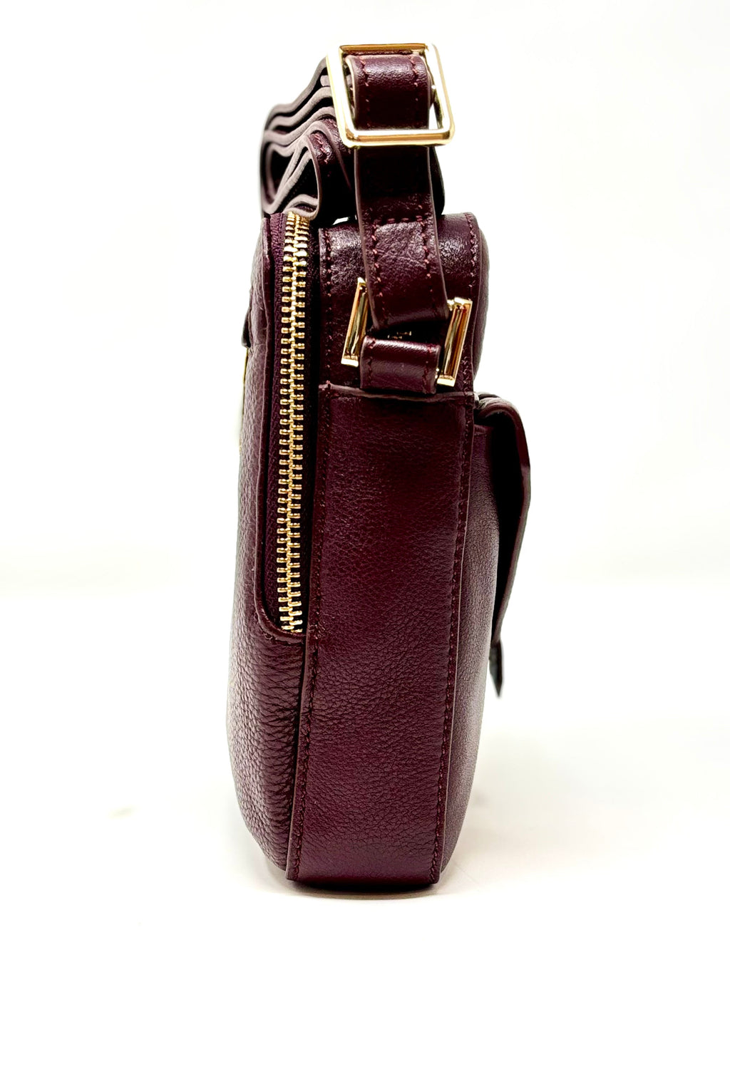Side profile of Nadine aubergine compact leather crossbody bag — Annick Levesque