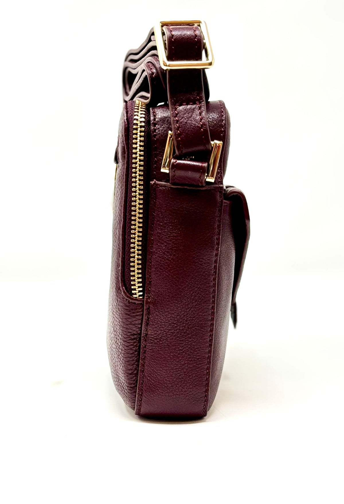 Side profile of Nadine aubergine compact leather crossbody bag — Annick Levesque