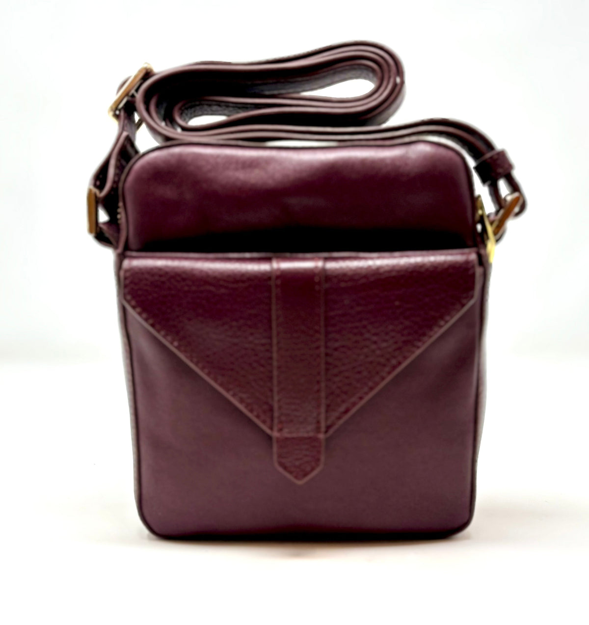 Nadine small aubergine genuine leather crossbody bag with chevron detail and gold hardware — Annick Levesque