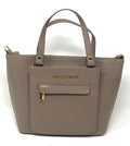 Lina genuine leather taupe handbag with gold hardware and front pocket — Annick Levesque