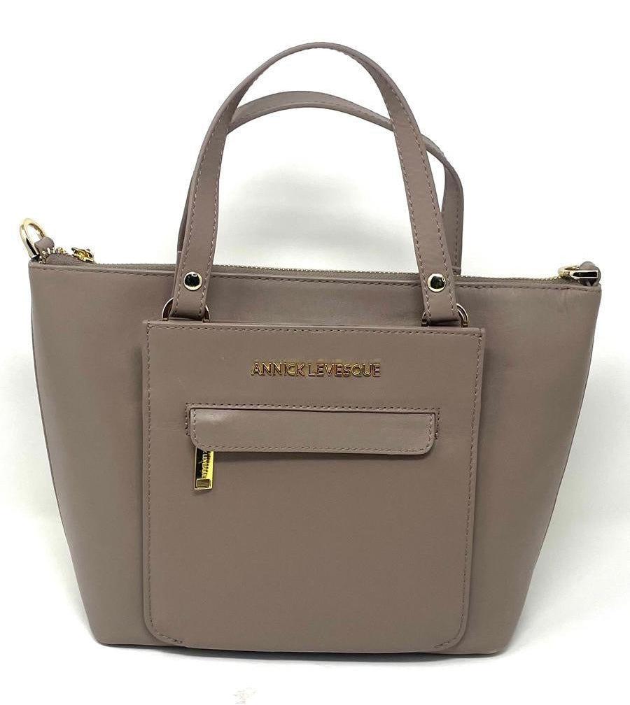 Lina genuine leather taupe handbag with gold hardware and front pocket — Annick Levesque