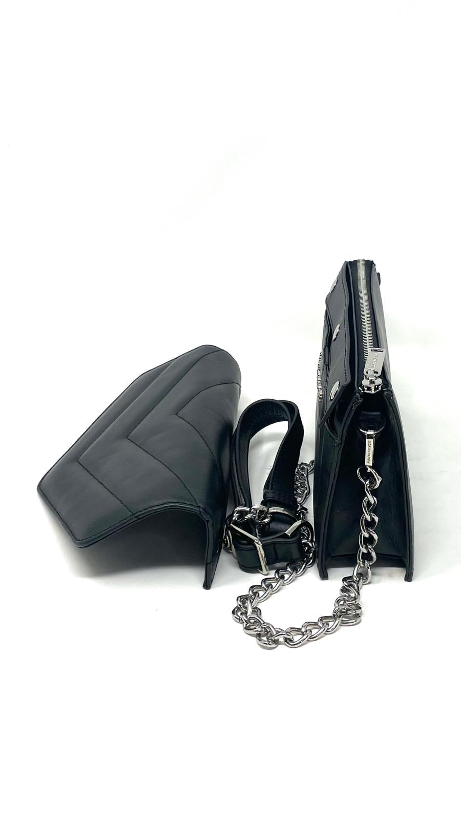 Sandrine black leather crossbody handbag angled view — Annick Levesque