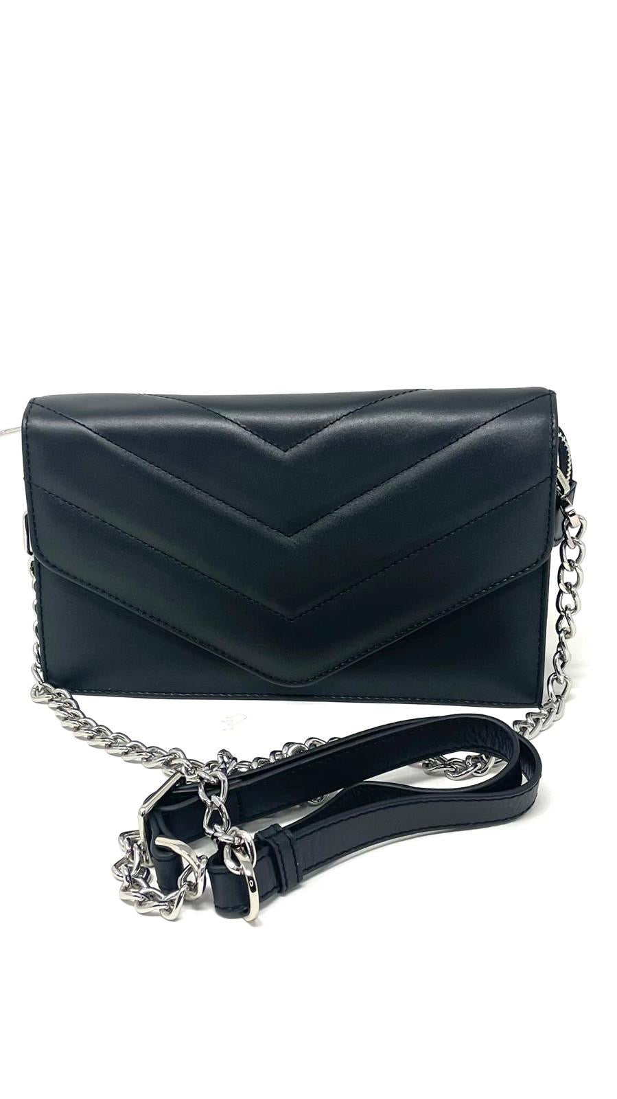 Sandrine black leather handbag with silver chain crossbody strap — Annick Levesque