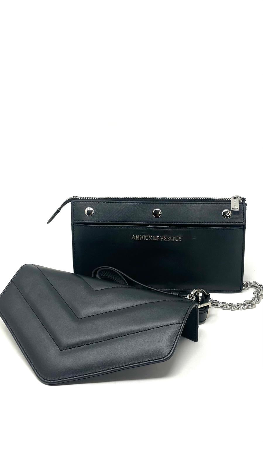Sandrine black leather handbag compact view with strap detail — Annick Levesque