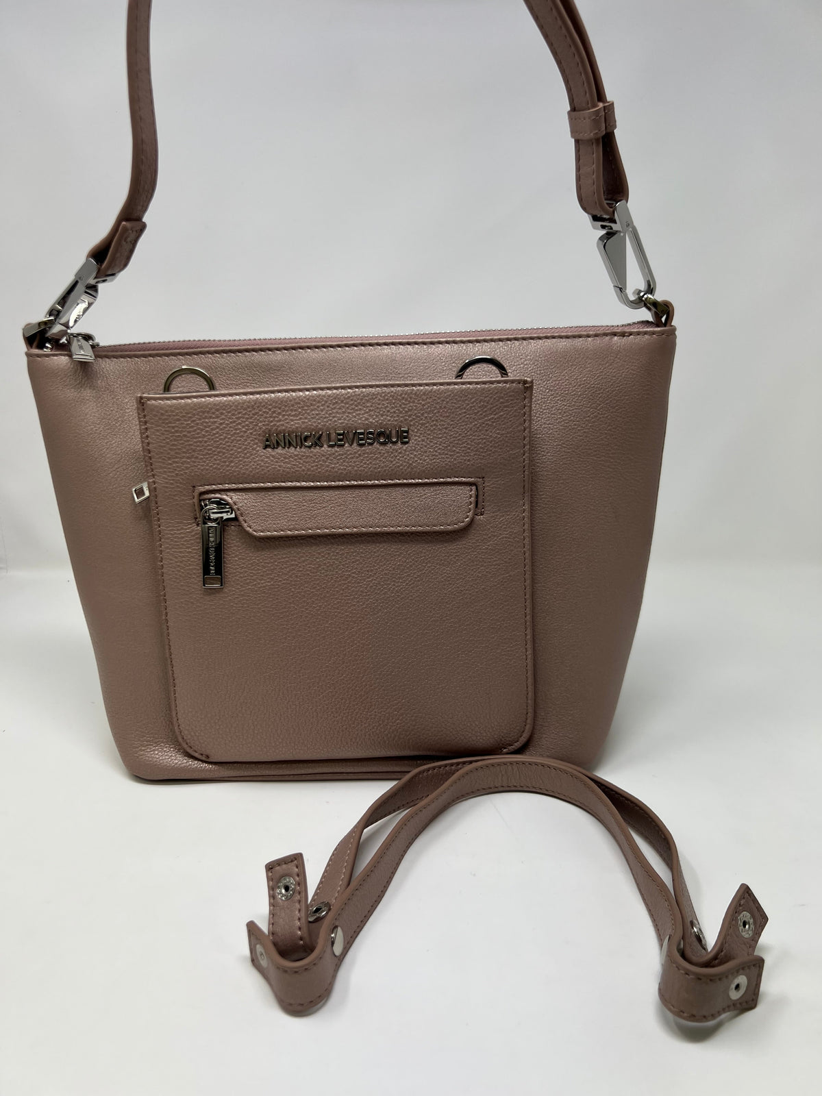 Lina platinum rose genuine leather handbag with front zip pocket and shoulder strap — Annick Levesque