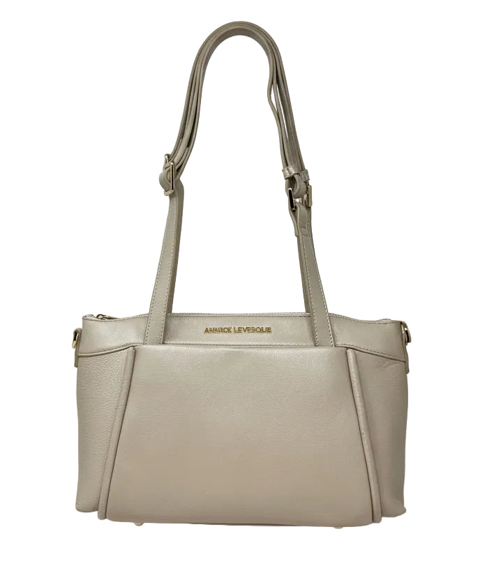 Elena champagne leather handbag with top handles and gold hardware — Annick Levesque