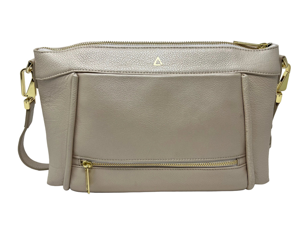 Elena champagne genuine leather crossbody bag with gold hardware and adjustable strap — Annick Levesque