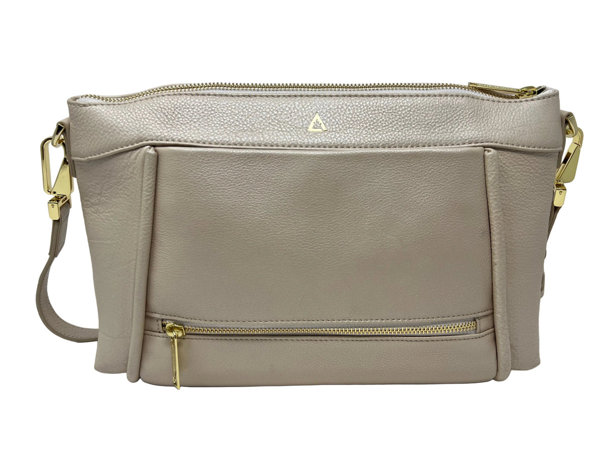 Elena champagne genuine leather crossbody bag with gold hardware and adjustable strap — Annick Levesque