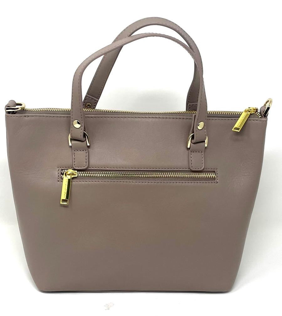 Back view of Lina genuine leather taupe handbag with gold zipper pocket — Annick Levesque