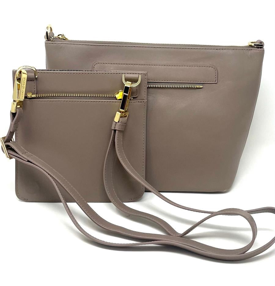 Lina taupe leather handbag convertible style — Annick Levesque
