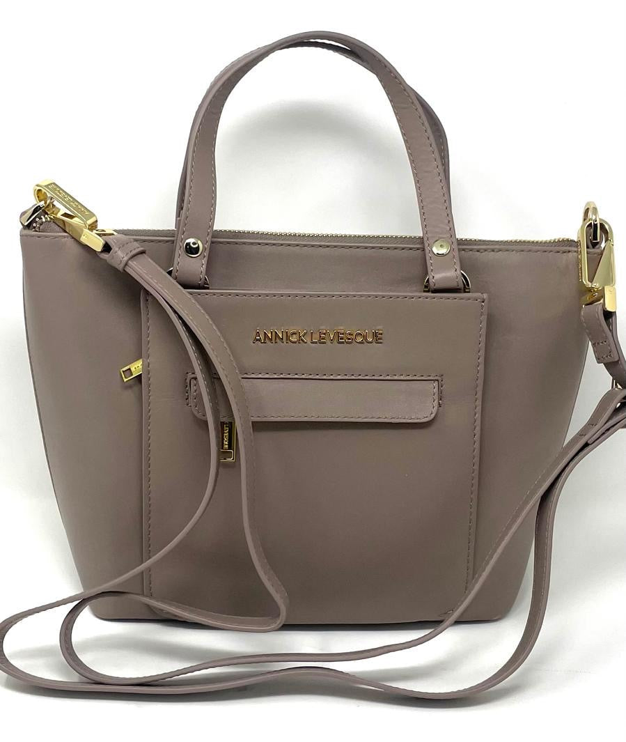 Lina taupe leather handbag lifestyle view — Annick Levesque