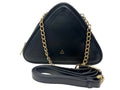 Front view of the Annick Levesque Kiana triangular black leather evening bag with a gold chain strap, a small triangle logo on the front, and a coiled black leather shoulder strap lying in front against a white background.