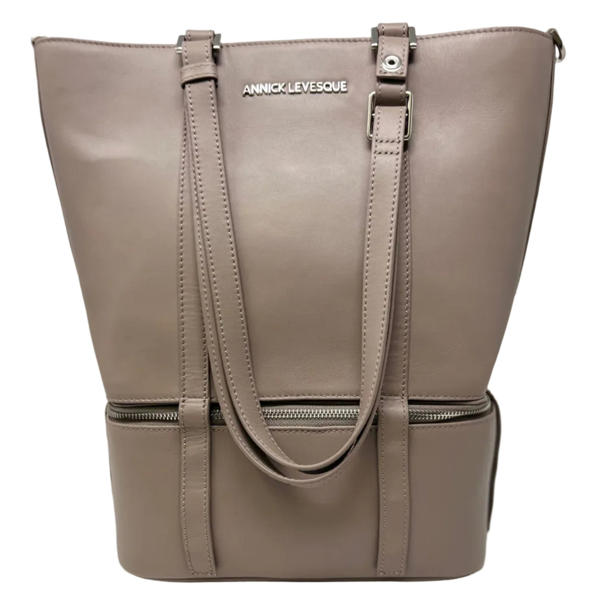 Charlotte 2-in-1 taupe tote bag with side pockets and top handles — Annick Levesque