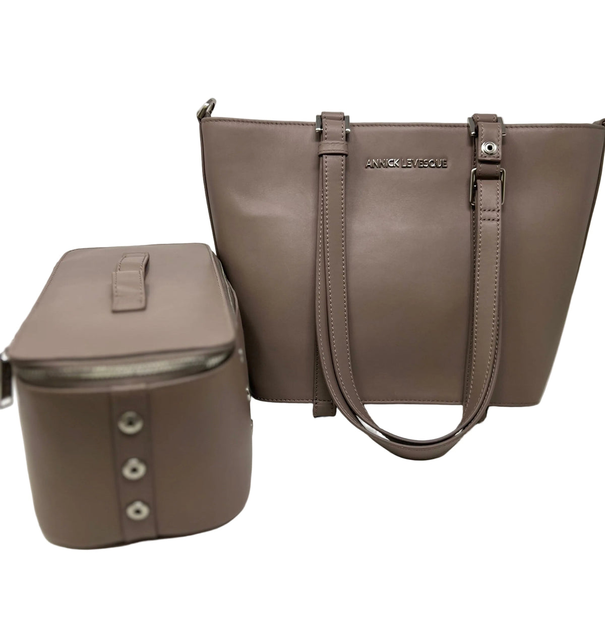 Charlotte taupe tote with detachable insulated pouch section — Annick Levesque