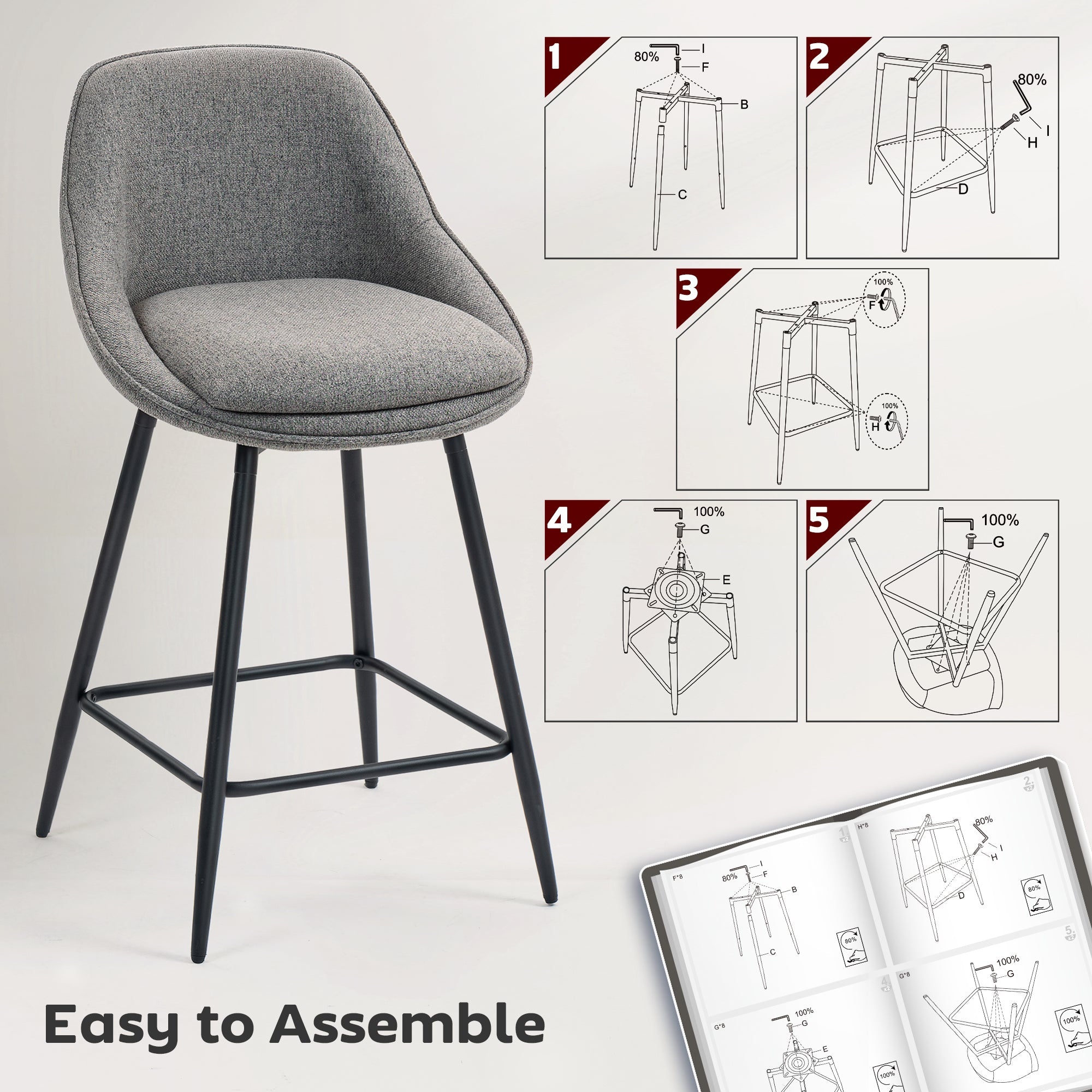 Reece 26" Counter Height Stools with Swivel and Backrest-Set of 2-Dark Grey