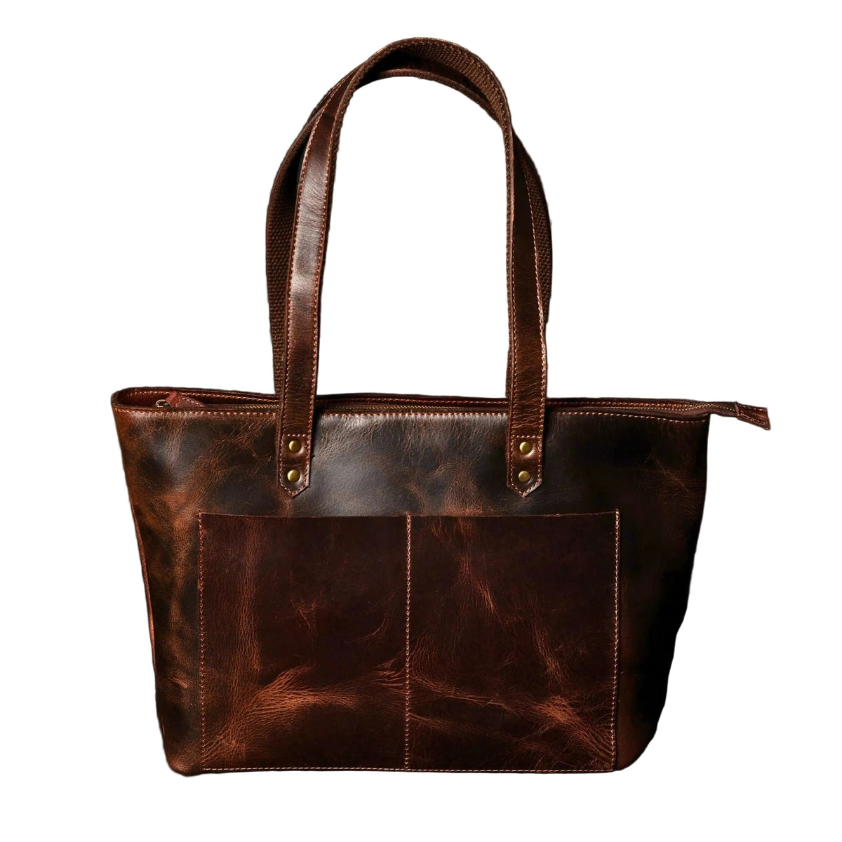 "Classic Cognac Leather Tote Bag front view showing distressed full-grain leather and exterior snap pockets — handcrafted in Canada by NAB Leather"