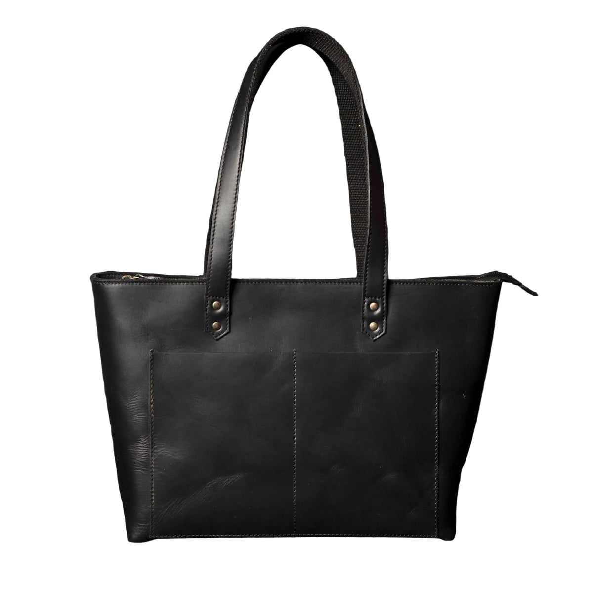"Classic Black Leather Tote Bag — distressed full-grain leather with silver hardware and multiple compartments, handcrafted in Canada by NAB Leather"