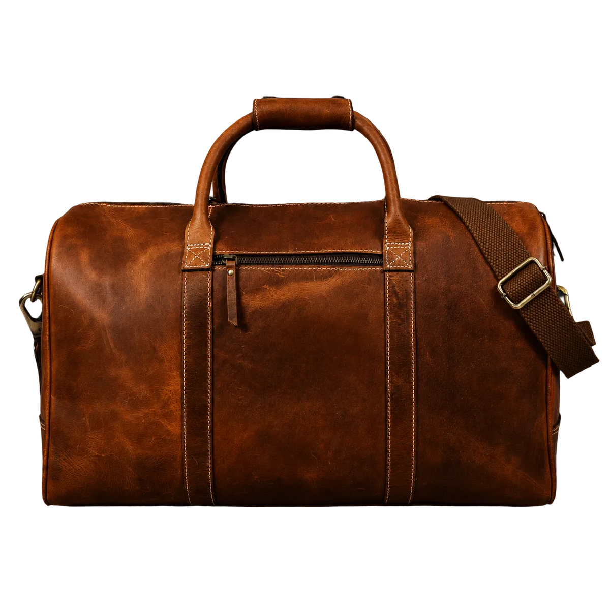 "The Wayfarer Bag front view — distressed cognac full-grain leather duffle with brass buckles and top handle, handcrafted in Canada by NAB Leather"