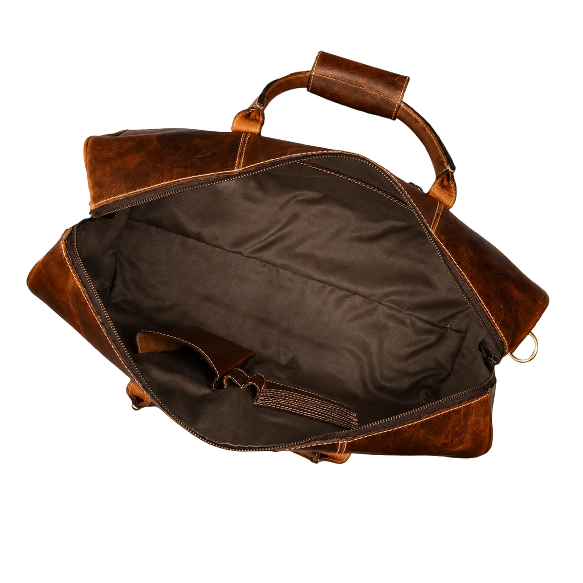 "Interior view of The Wayfarer Bag showing nylon-lined main compartment and leather organizer with card slots and pen slots — by NAB Leather"