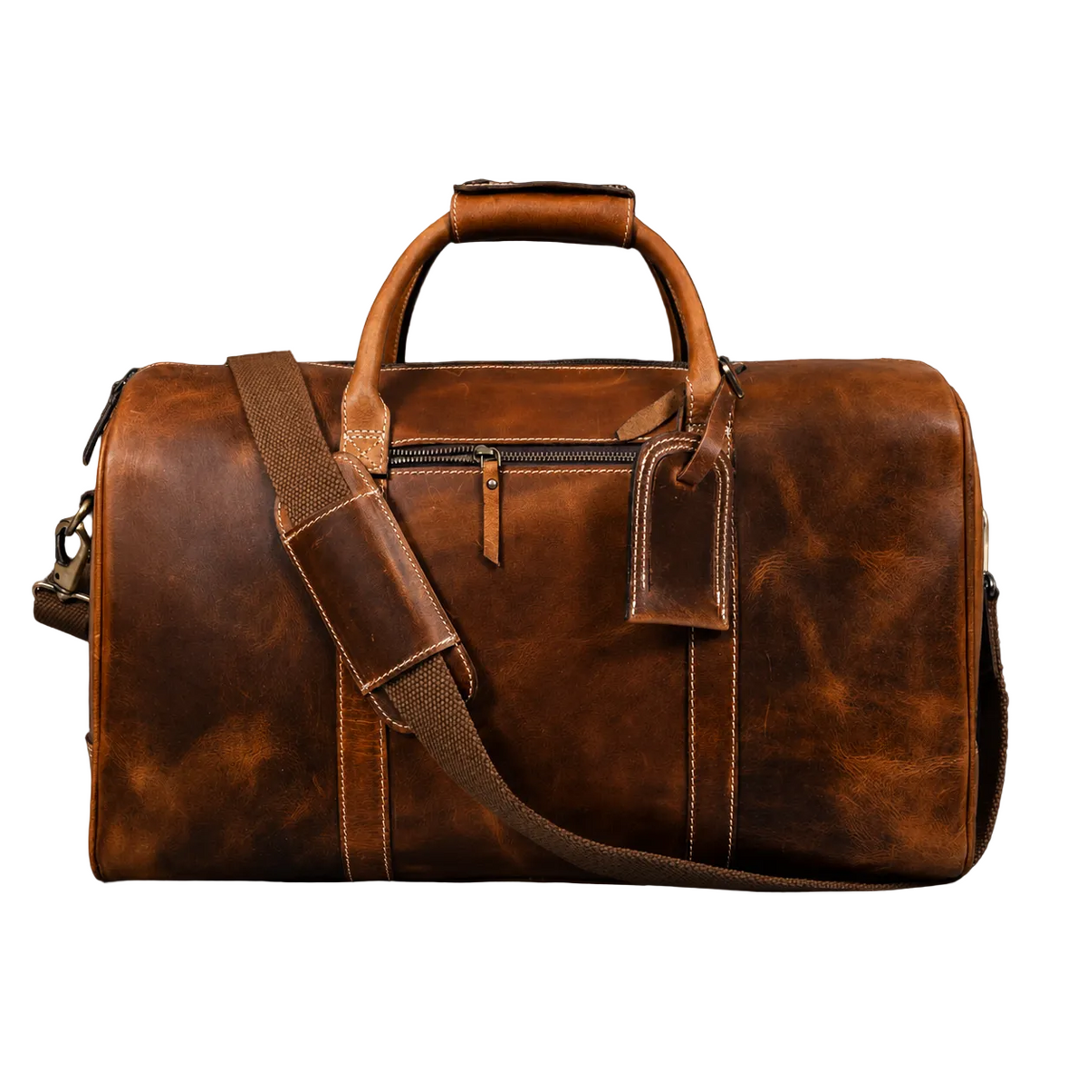 "The Wayfarer Bag side view showing adjustable shoulder strap — cognac full-grain leather duffle bag handcrafted in Canada by NAB Leather"