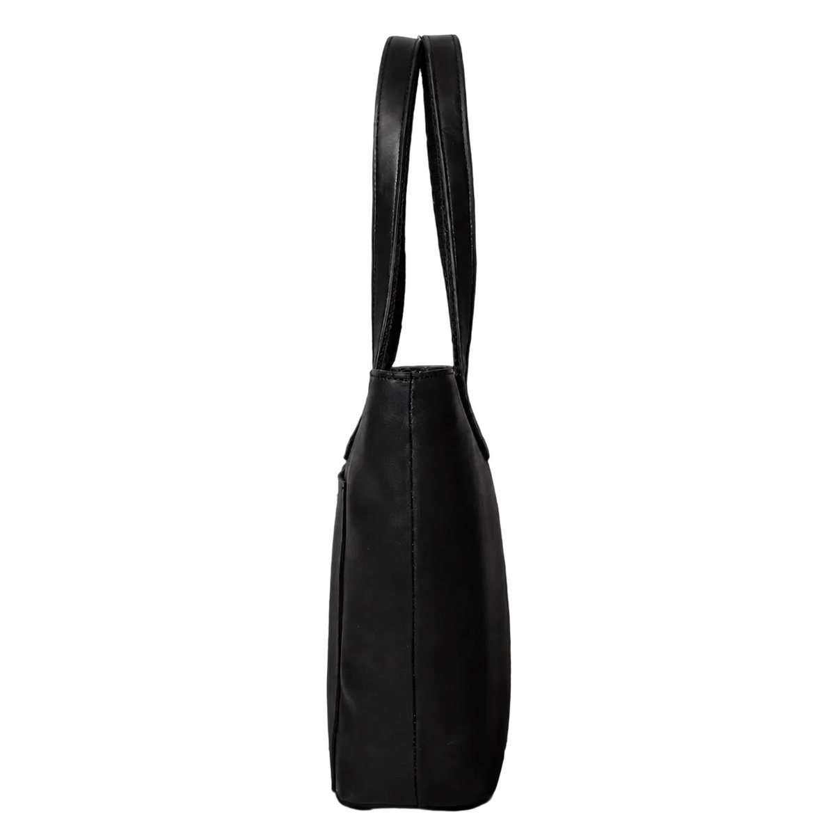 "Side profile of the Classic Black Leather Tote Bag showing slim silhouette and long leather handles — handcrafted in Canada by NAB Leather"