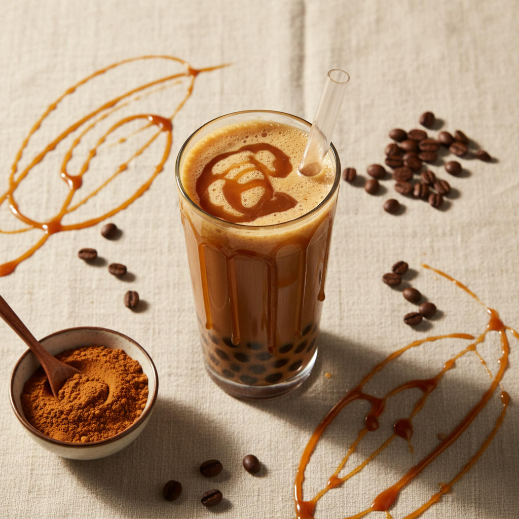 Caramel Mocha Bubble Tea Flat Lay