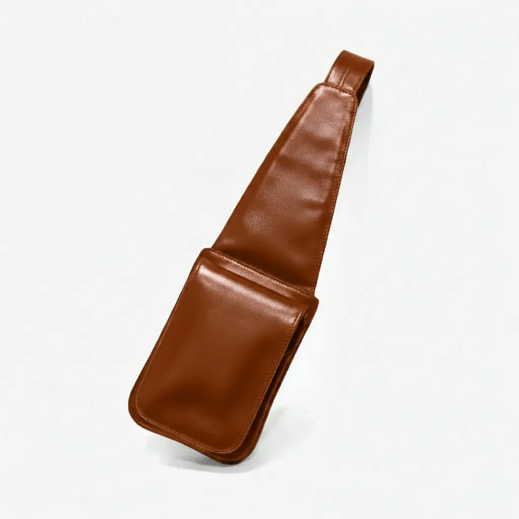 "Bobbie unisex cognac full-grain leather crossbody sling bag by Annick Levesque, shown flat with single adjustable strap, gold hardware accent"