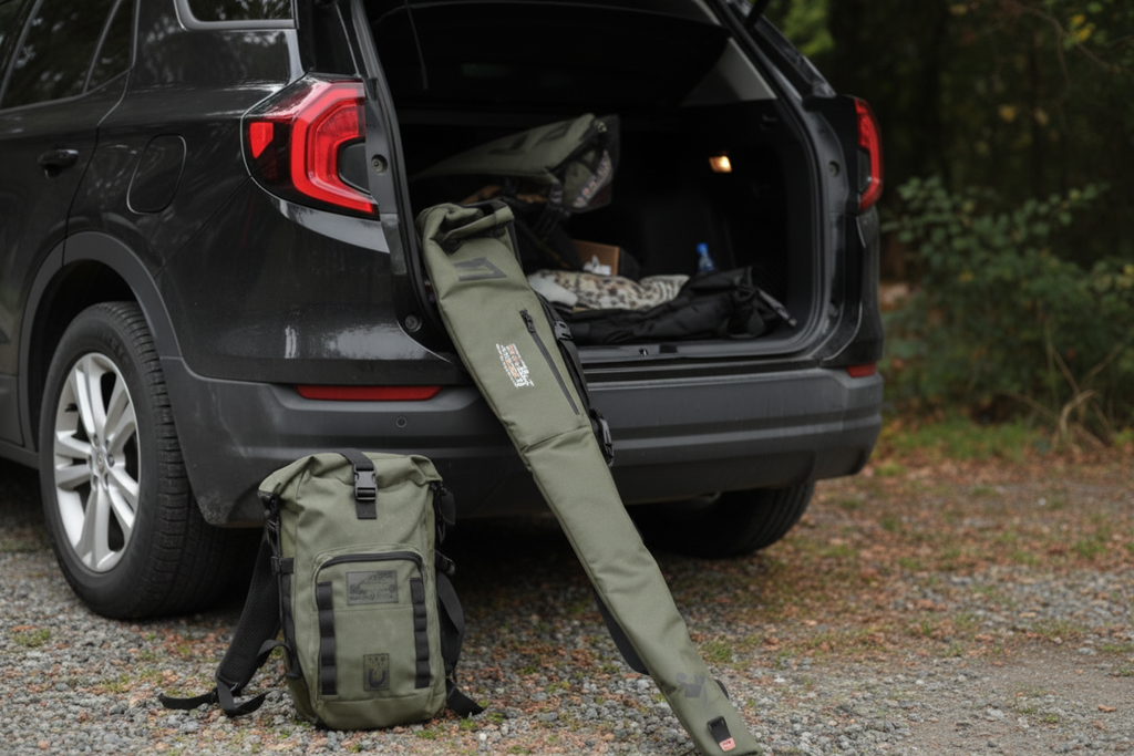 PEAK SERIES Basecamp Drypak Backpack 35L in olive green outdoor lifestyle shot at vehicle tailgate, no people