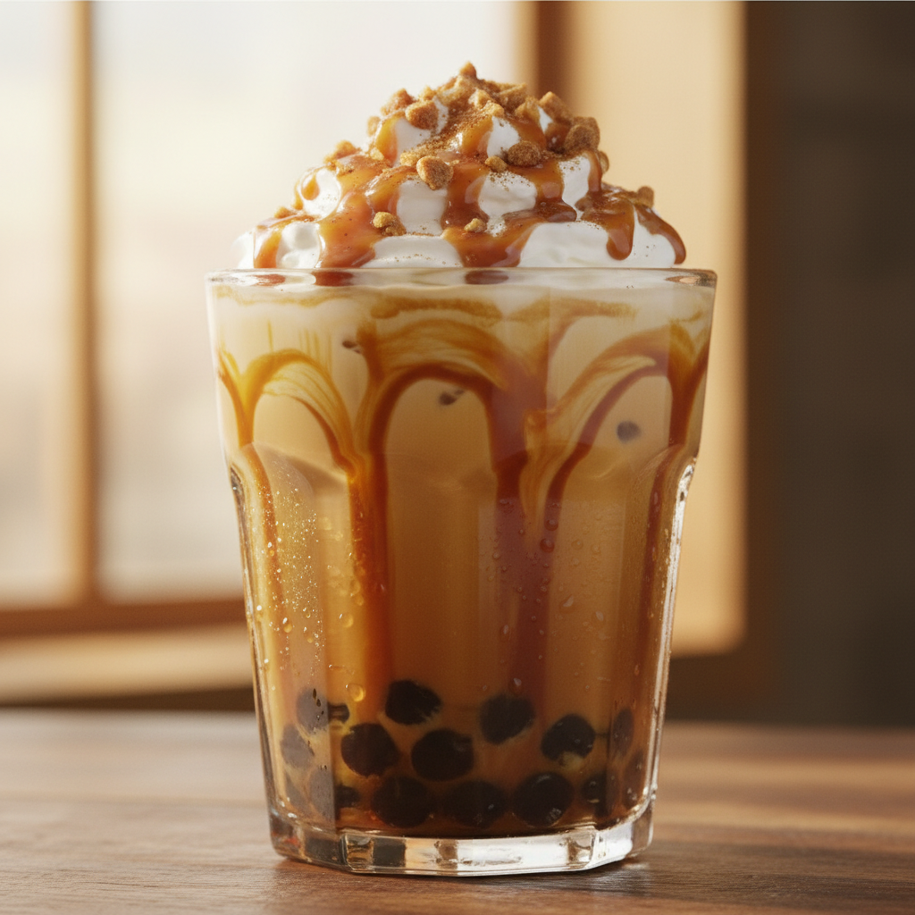 Toffee Nut Caramel bubble tea drink with tapioca pearls