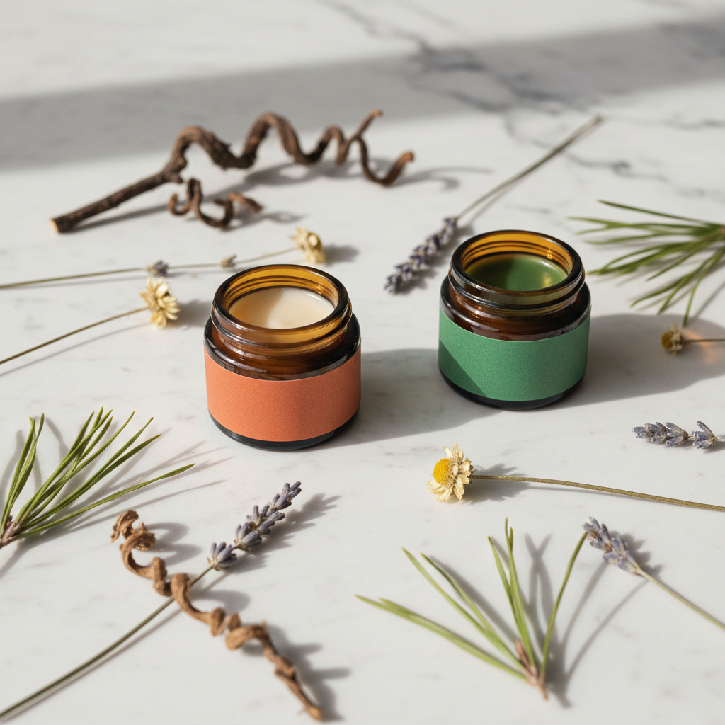 Fire & Balsam warming and cooling herbal balms by Kootenay Woman — two amber glass jars with wild-harvested BC botanicals