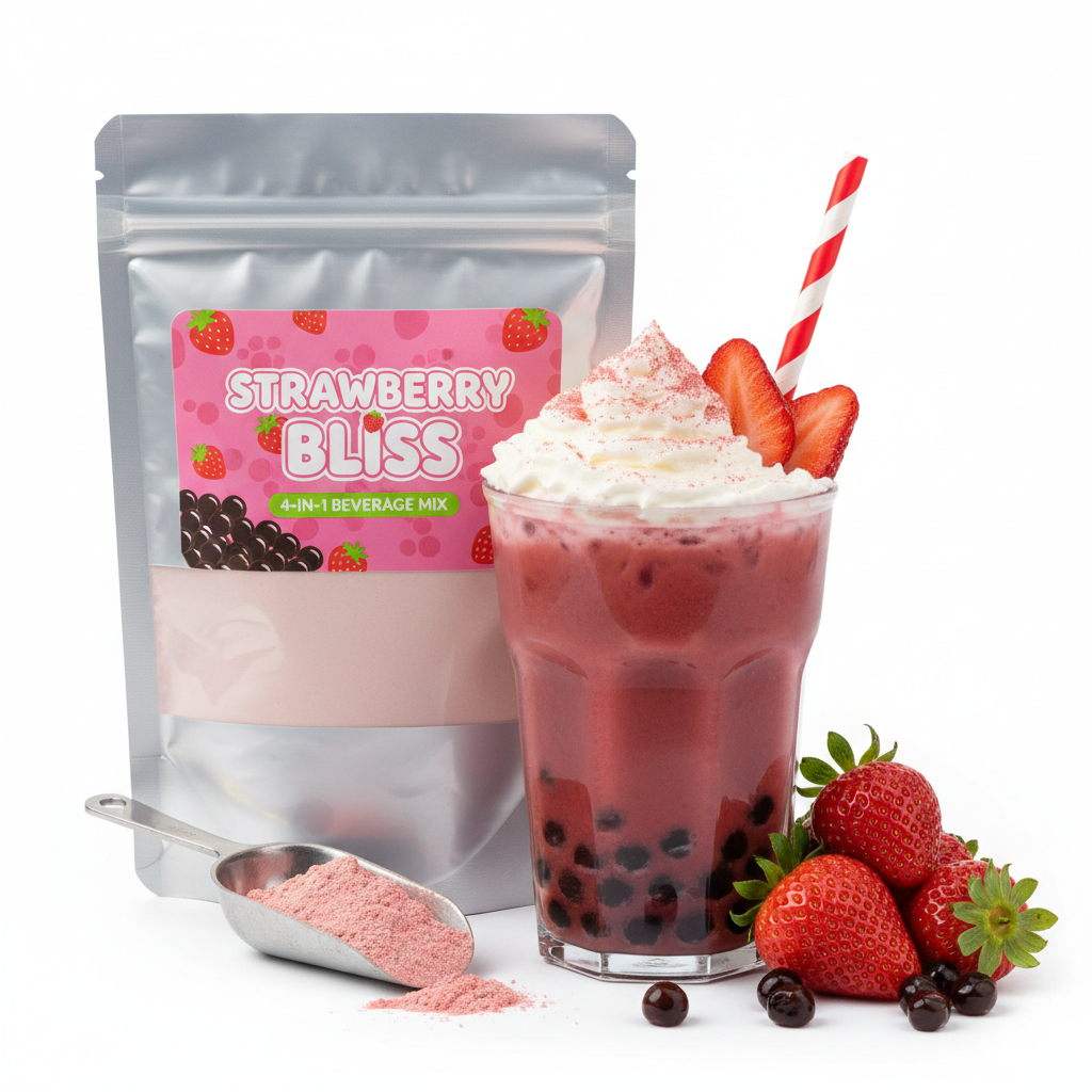 Glace Splash Strawberry 4-in-1 beverage mix — bubble tea, frappe, latte, and slush powder
