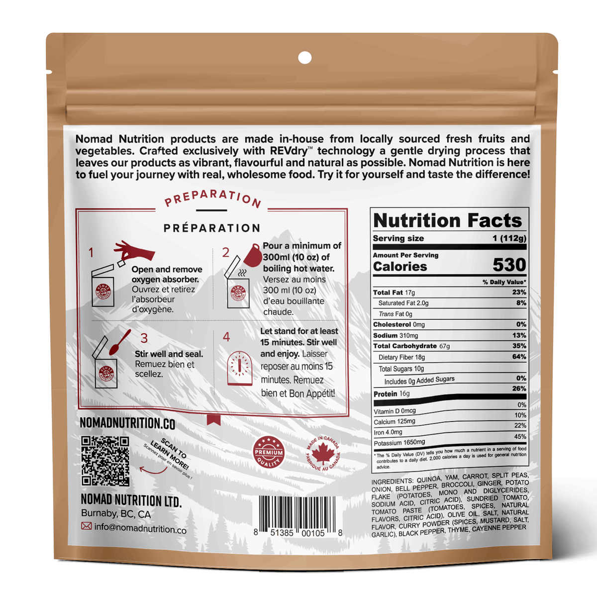 Nomad Nutrition product packaging with preparation instructions and nutrition facts on a white background