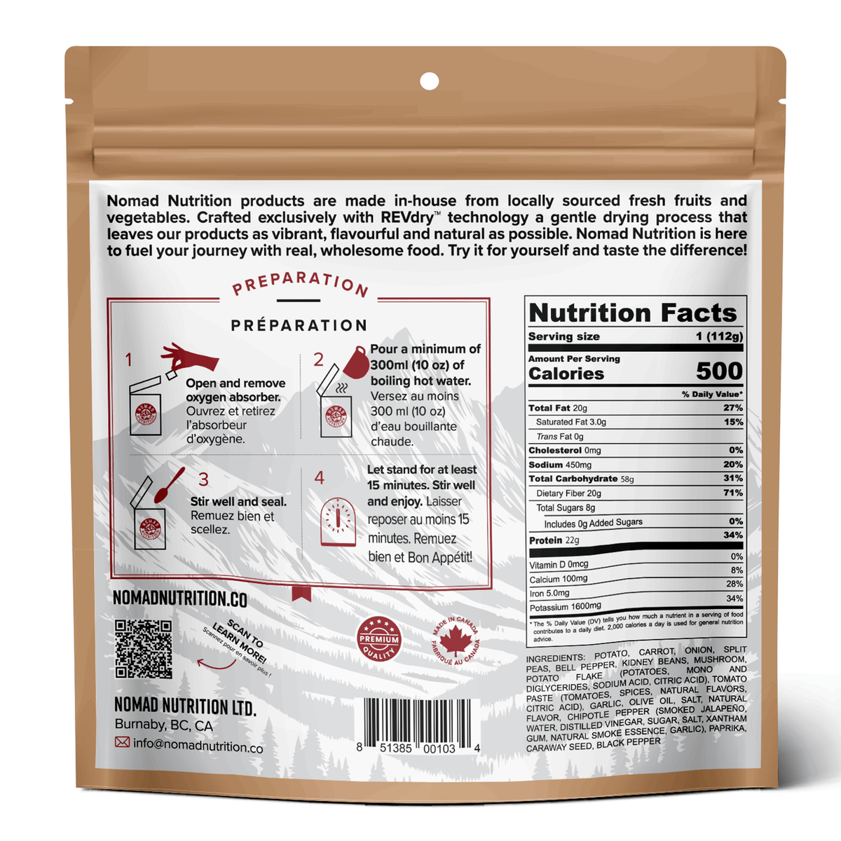 Nomad Nutrition product packaging with nutrition facts and preparation instructions.
