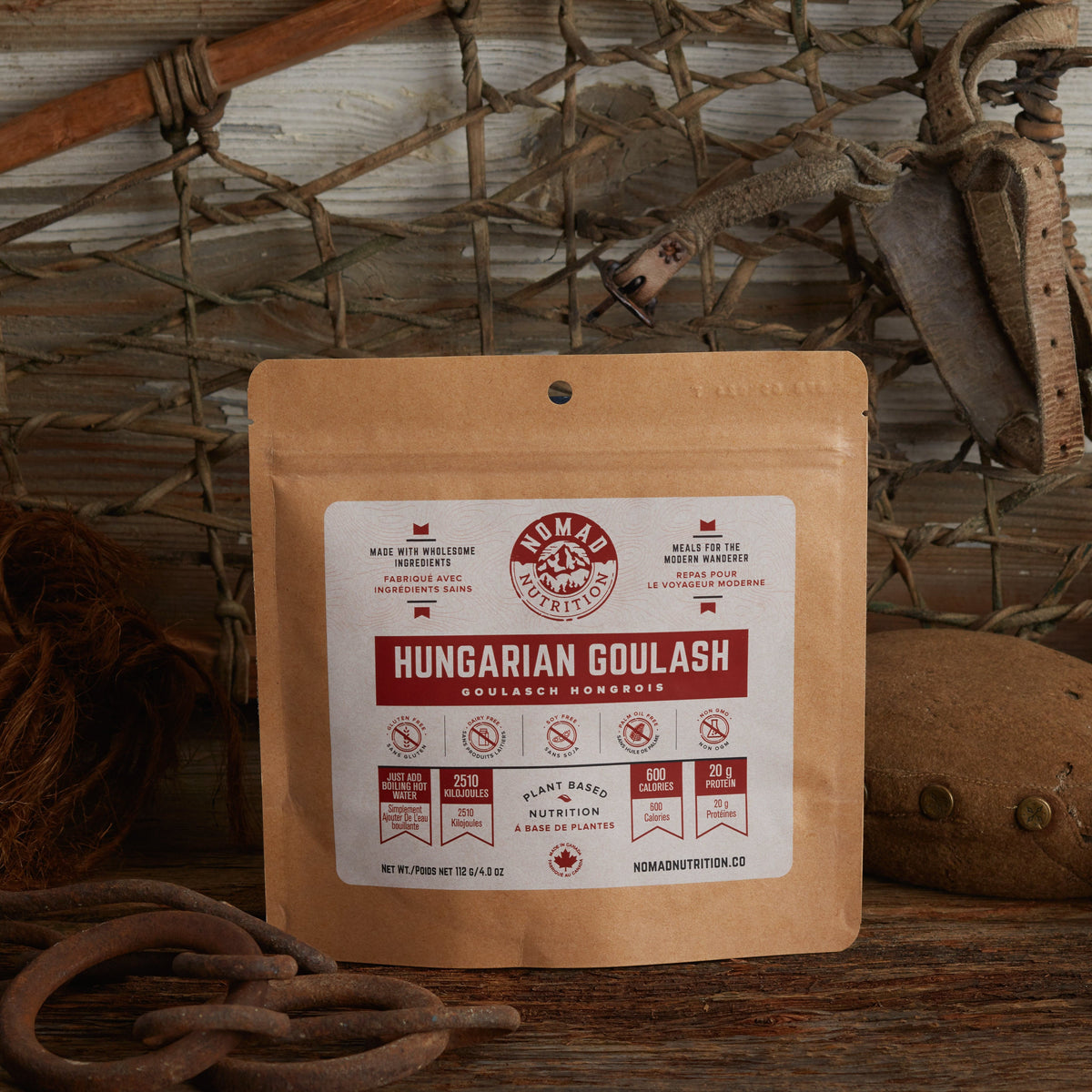 Kraft paper package of Hungarian Goulash with a rustic background